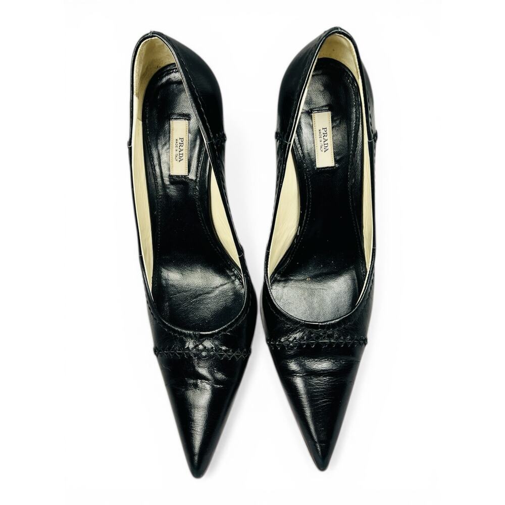 Prada Black Leather Pointed Toe Kitten Heel Pumps EU 35.5 Contrast Stitching Y2K - Picture 2 of 6